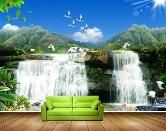 Avikalp MWZ2662 Waterfalls Sun Birds Cranes Mountains Stones Flowers River Lake Water Leaves HD Wallpaper