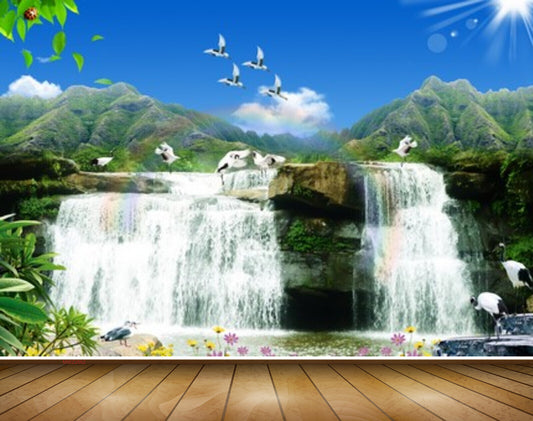 Avikalp MWZ2662 Waterfalls Sun Birds Cranes Mountains Stones Flowers River Lake Water Leaves HD Wallpaper