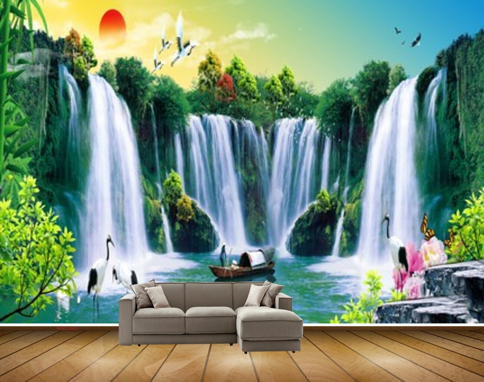 Avikalp MWZ2663 Waterfalls Sun Cranes Lotus Flowers Boat Trees Plants Stones River Water HD Wallpaper