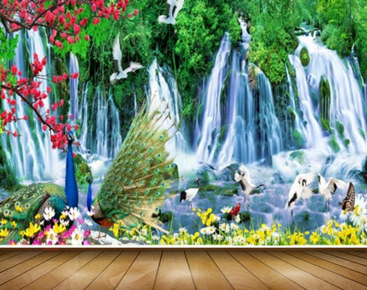 Avikalp MWZ2664 Waterfalls Trees Pink Flowers Peacock Birds Carnes Branches Plants River Pond Water HD Wallpaper