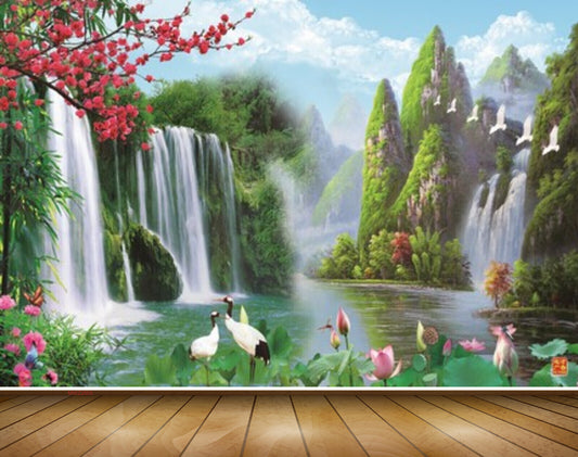 Avikalp MWZ2665 Waterfalls Trees Pink Flowers Cranes Plants Mountains Birds River Lake Water HD Wallpaper