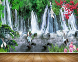 Avikalp MWZ2666 Waterfalls Pink Red Flowers Cranes Trees Plants River Lake Water HD Wallpaper