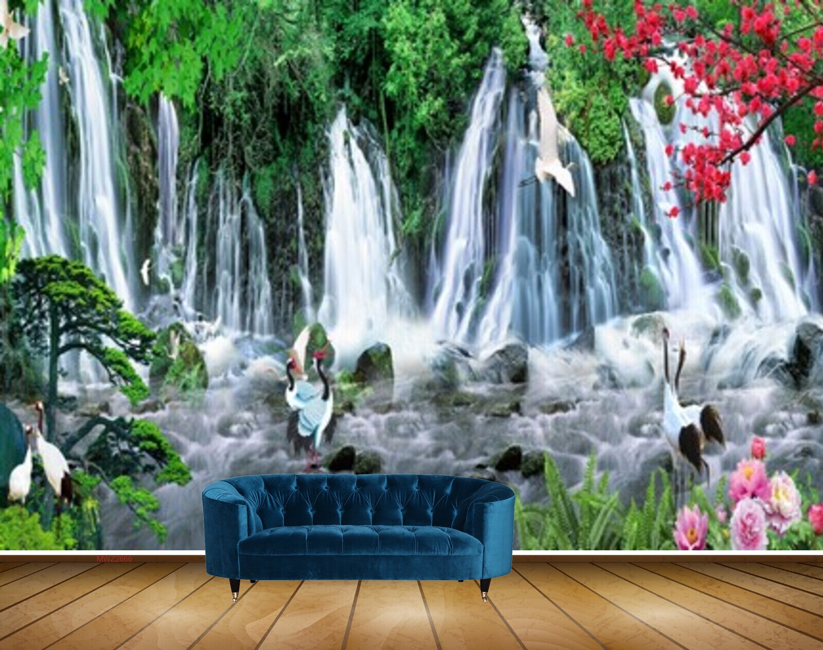 Avikalp MWZ2666 Waterfalls Pink Red Flowers Cranes Trees Plants River Lake Water HD Wallpaper