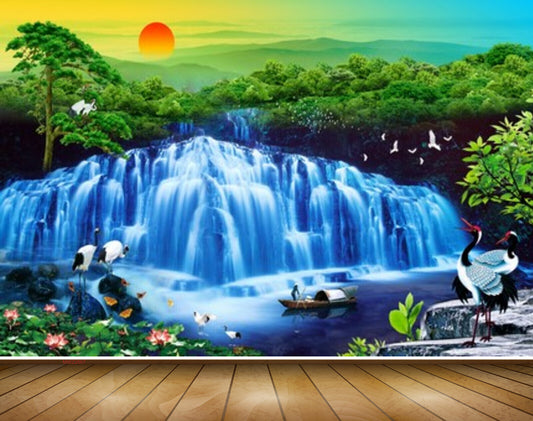 Avikalp MWZ2667 Sun Trees Waterfalls Cranes Birds Mountains Boats Plants River Lake Water Stones HD Wallpaper