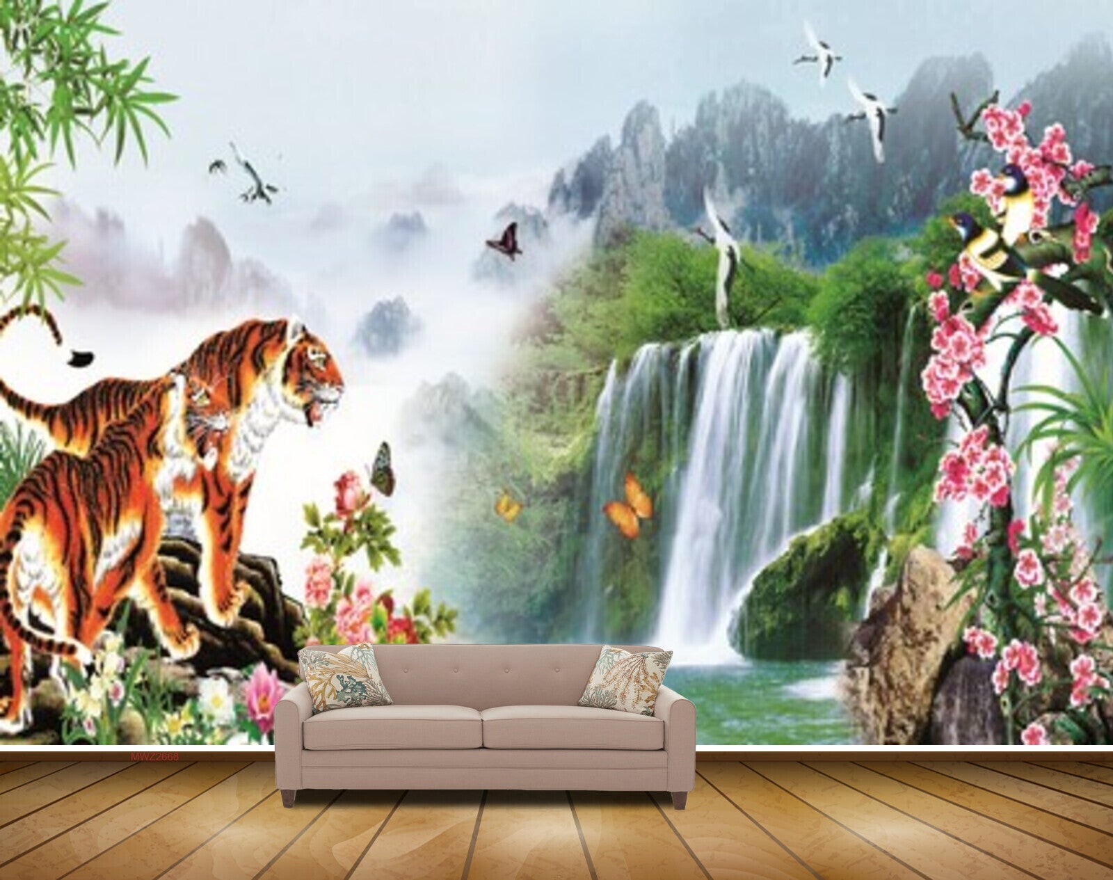 Avikalp MWZ2668 Tigers Waterfalls Birds Pink Flowers Trees Butterfliee Mountains River Lake Water Leaves HD Wallpaper