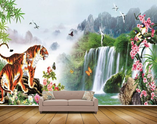 Avikalp MWZ2668 Tigers Waterfalls Birds Pink Flowers Trees Butterfliee Mountains River Lake Water Leaves HD Wallpaper