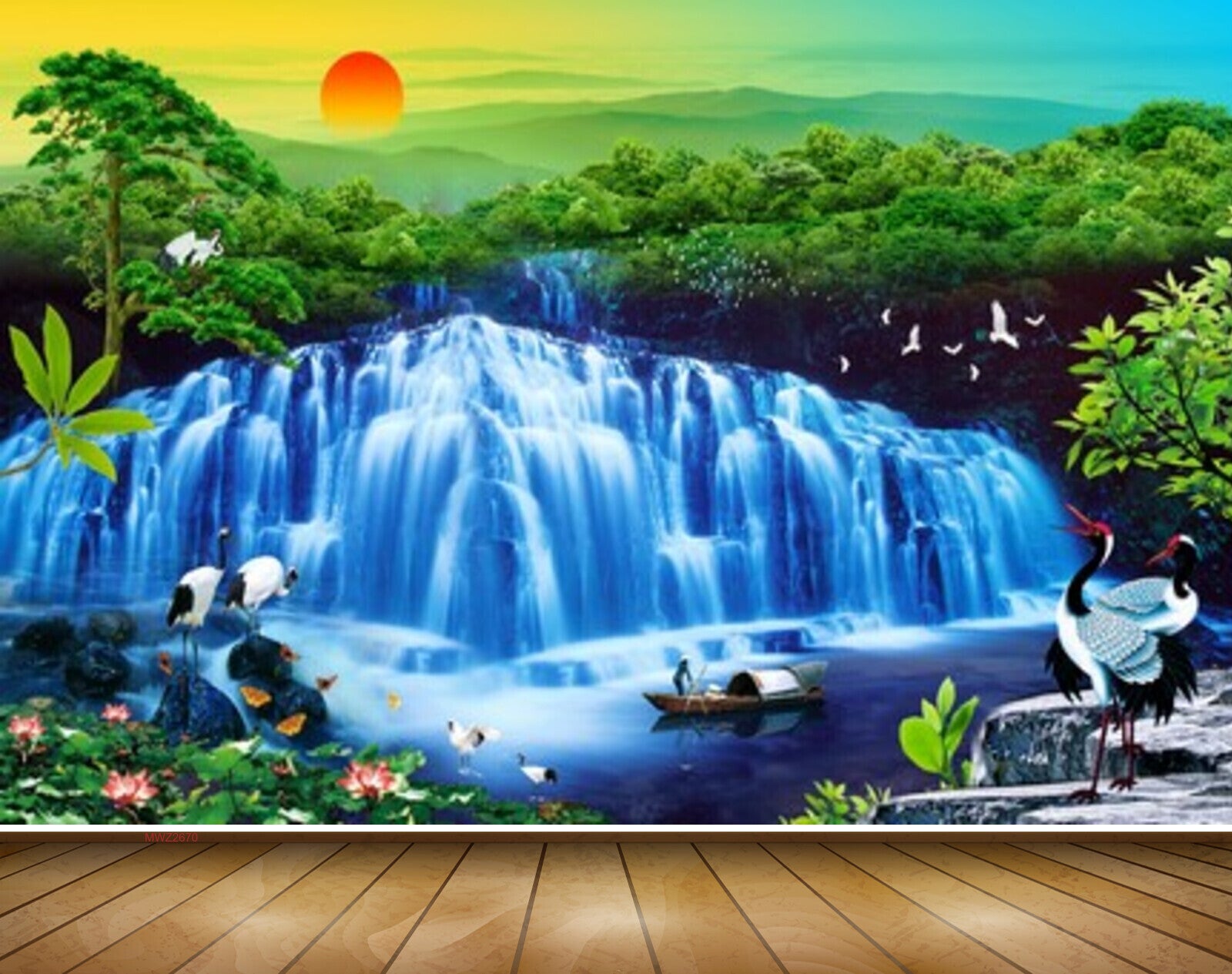 Avikalp MWZ2670 Sun Waterfalls Trees Cranes Mountains Plants Boats RIver Lake Water HD Wallpaper