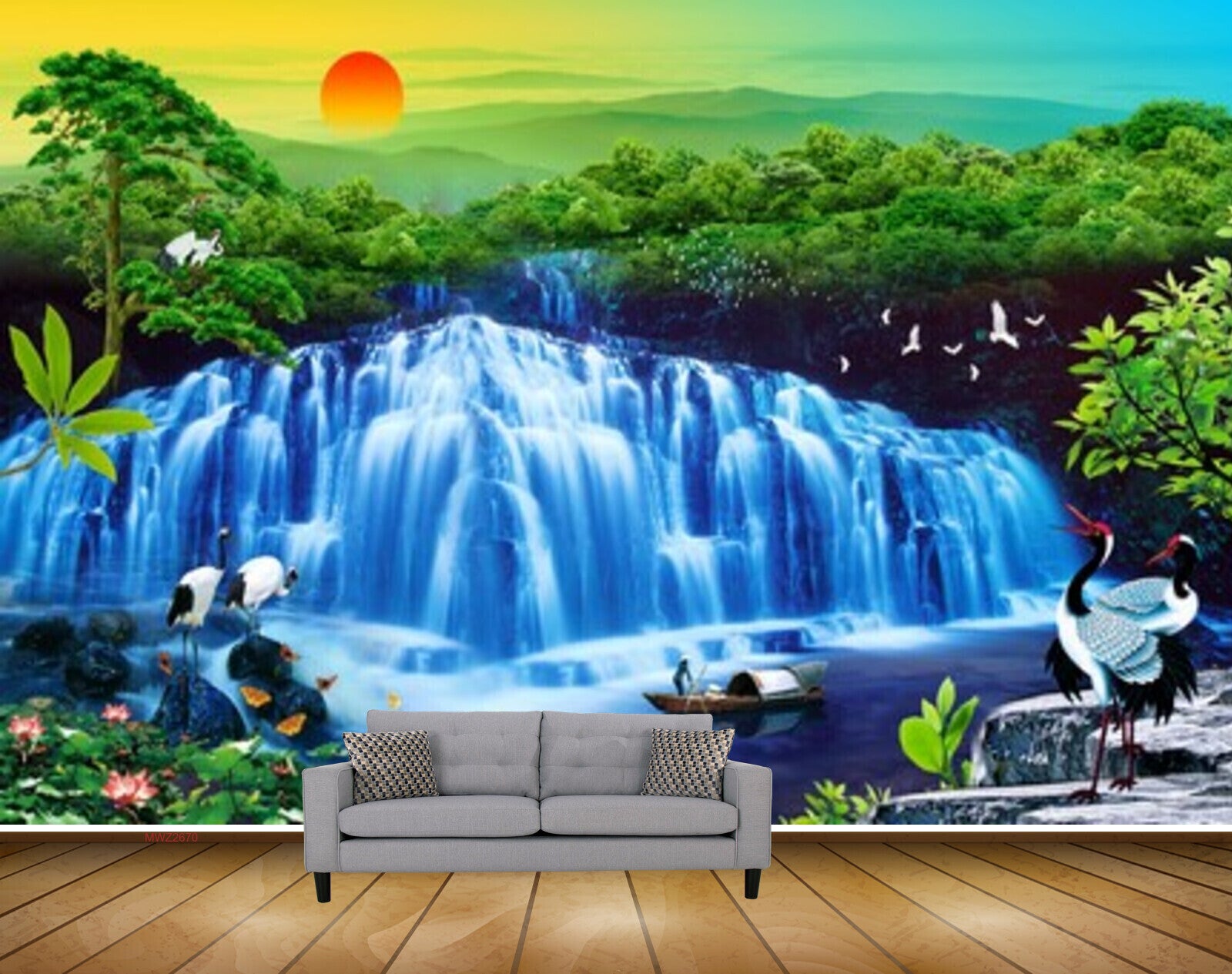 Avikalp MWZ2670 Sun Waterfalls Trees Cranes Mountains Plants Boats RIver Lake Water HD Wallpaper