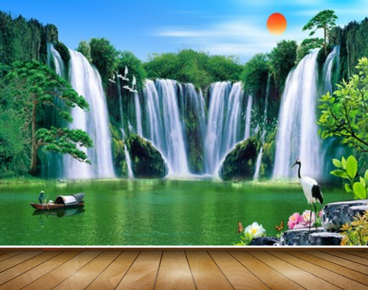 Avikalp MWZ2671 Sun Waterfalls Trees Boat Cranes Plants Leaves River Lake Water HD Wallpaper