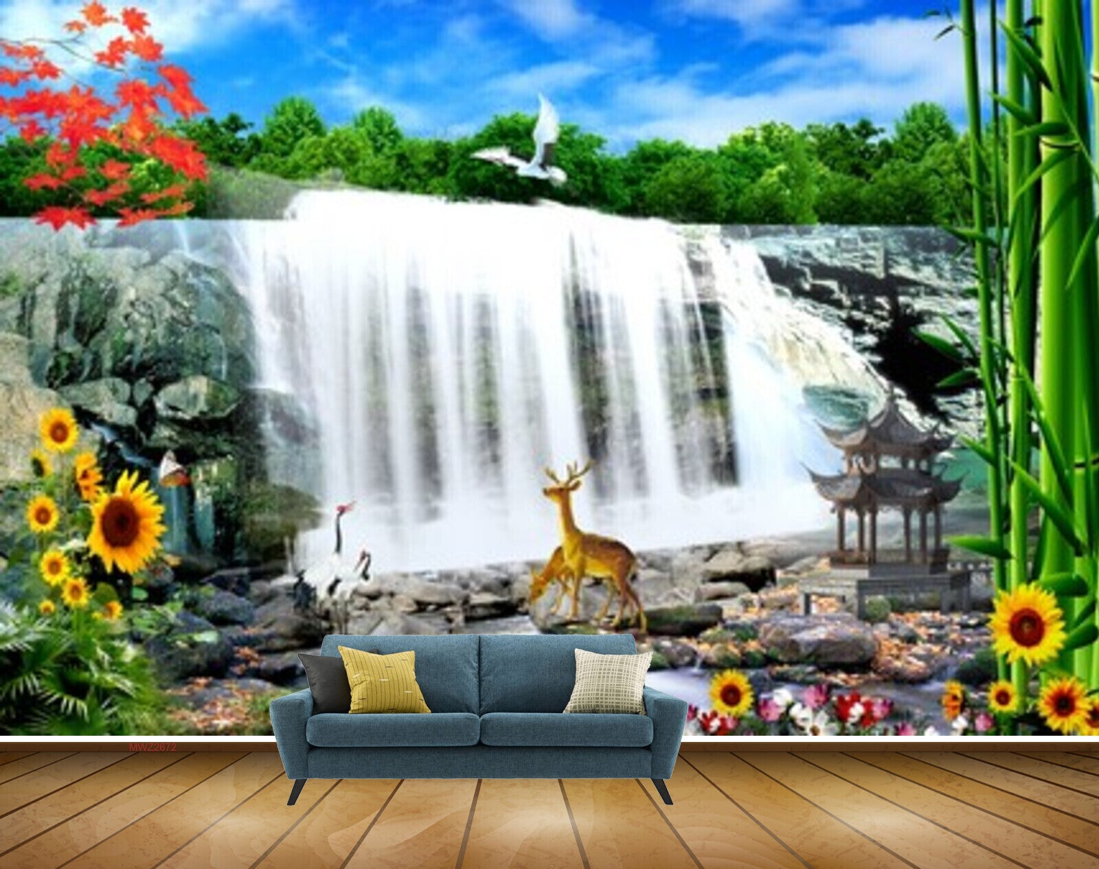 Avikalp MWZ2672 Waterfalls Flowers Sunflowers Deers Stones Water RIver Lake Pond Cranes HD Wallpaper