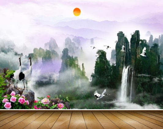 Avikalp MWZ2673 Sun Waterfalls Cranes Flowers Trees Stones Mountains Clouds HD Wallpaper