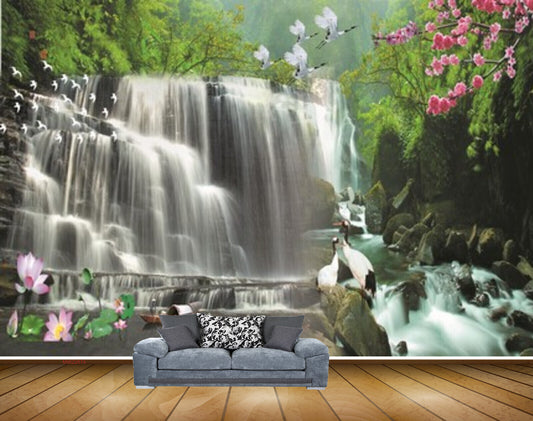 Avikalp MWZ2674 Waterfalls Cranes Flowers Trees Herones Boat Duck Plants River Lake Pond Water HD Wallpaper