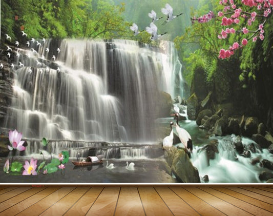 Avikalp MWZ2674 Waterfalls Cranes Flowers Trees Herones Boat Duck Plants River Lake Pond Water HD Wallpaper