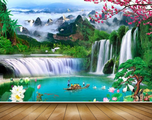 Avikalp MWZ2675 Waterfalls Pink White Flowers Boat Birds Mountains Clouds River Lake Water HD Wallpaper