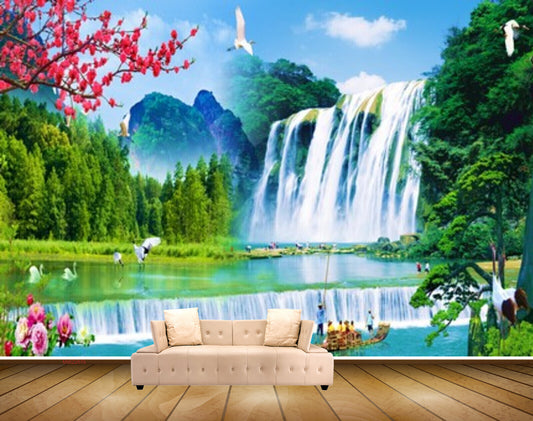 Avikalp MWZ2676 Waterfalls Birds Trees Flowers Cranes Mountains River Lake Pond Water Boats Mens HD Wallpaper