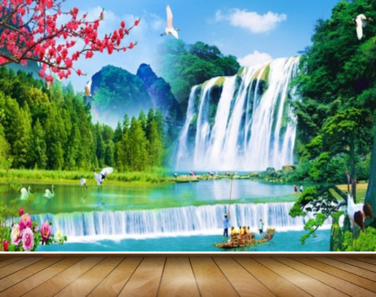 Avikalp MWZ2676 Waterfalls Birds Trees Flowers Cranes Mountains River Lake Pond Water Boats Mens HD Wallpaper