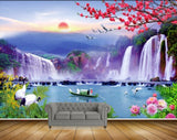 Avikalp MWZ2677 Sun Waterfalls Pink Flowers Cranes Mountains Pink Leaves Trees Plants Boat River Pond Water HD Wallpaper