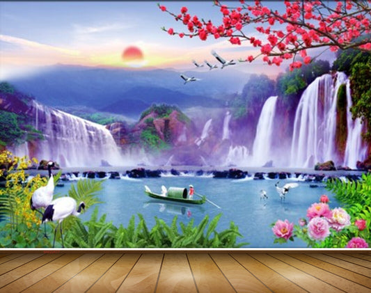 Avikalp MWZ2677 Sun Waterfalls Pink Flowers Cranes Mountains Pink Leaves Trees Plants Boat River Pond Water HD Wallpaper