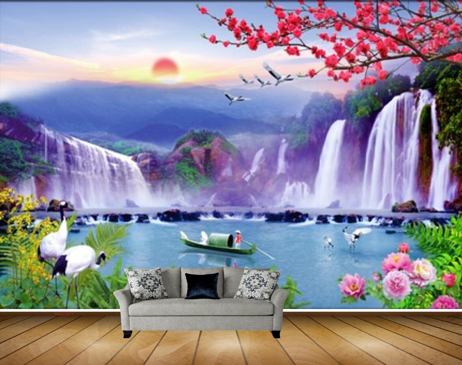 Avikalp MWZ2677 Sun Waterfalls Pink Flowers Cranes Mountains Pink Leaves Trees Plants Boat River Pond Water HD Wallpaper