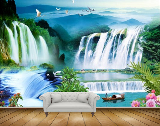 Avikalp MWZ2679 Waterfalls Birds Pink Flowers Boat Plants Mountains Clouds River Lake Pond Water HD Wallpaper