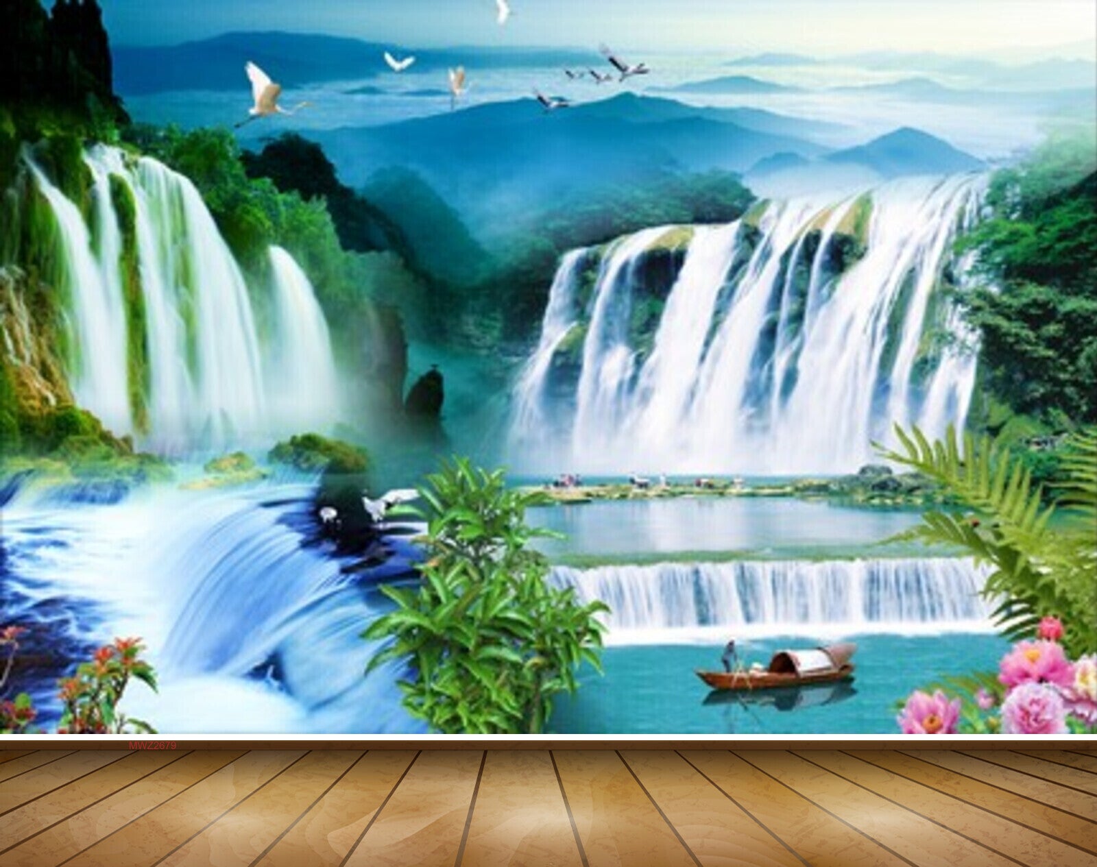 Avikalp MWZ2679 Waterfalls Birds Pink Flowers Boat Plants Mountains Clouds River Lake Pond Water HD Wallpaper