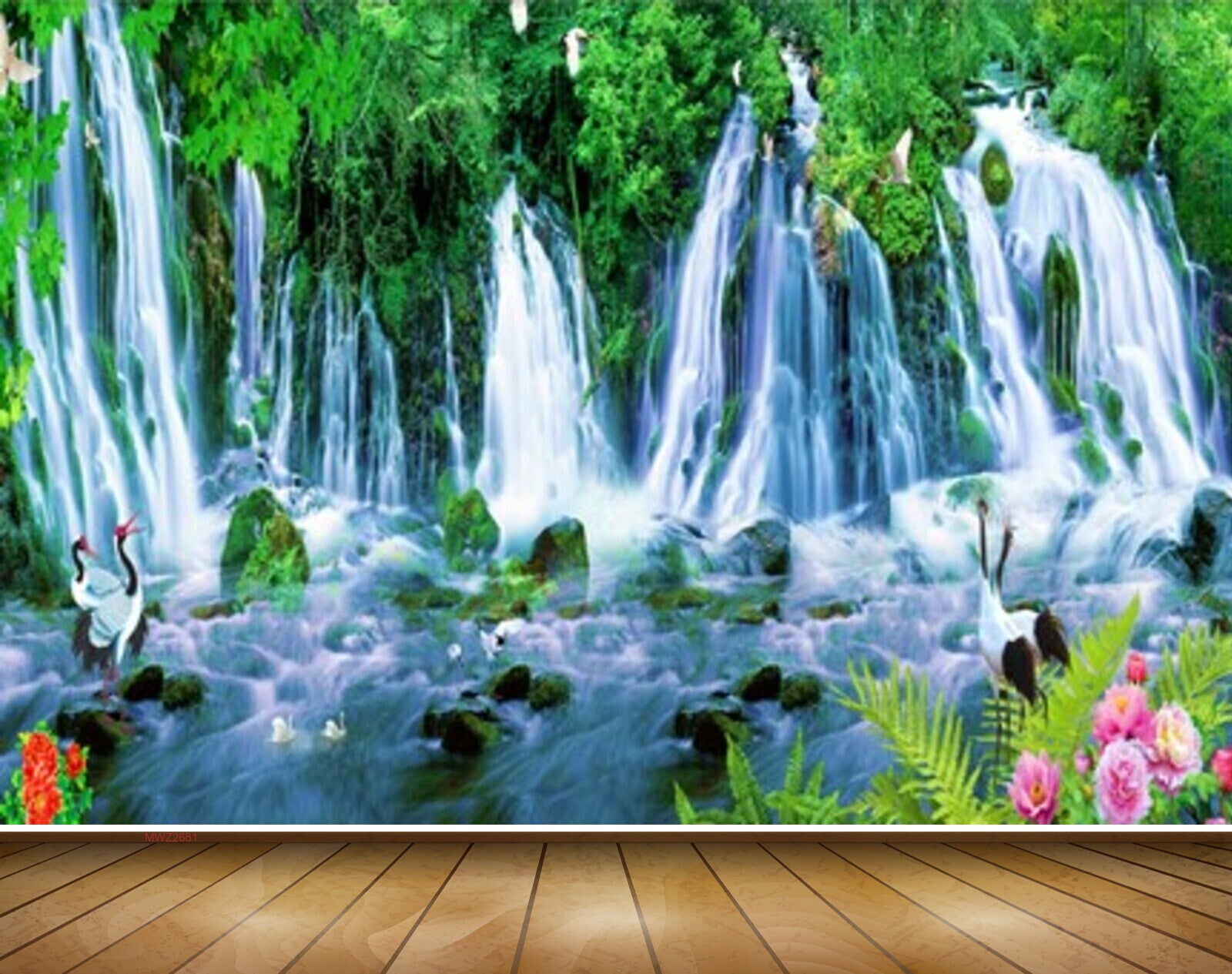 Avikalp MWZ2681 Waterfalls Pink Flowers Cranes Duck Birds Trees Plants Stones River Lake Pond Water HD Wallpaper