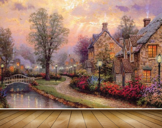 Avikalp MWZ2686 Houses Tree Pond Clouds Lamps Road Vellay River Water Bridge Flowers Plants Painting HD Wallpaper