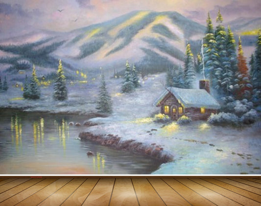 Avikalp MWZ2689 Snow Mountain Trees House River Pond Lake Water Window Lights Painting HD Wallpaper