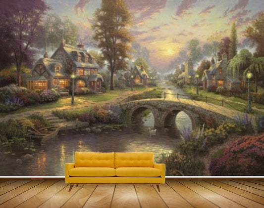 Avikalp MWZ2691 Trees Houses Culvert Plants Flowers Bridge River Water Boat Ducks Lamps Painting HD Wallpaper