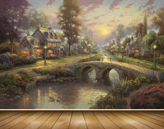 Avikalp MWZ2691 Trees Houses Culvert Plants Flowers Bridge River Water Boat Ducks Lamps Painting HD Wallpaper