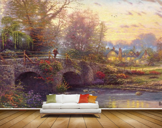 Avikalp MWZ2695 Trees Birds Culverts Men Bridge House Water River Flowers Ducks Grass Painting HD Wallpaper