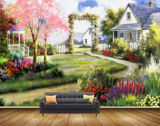 Avikalp MWZ2697 Pink Leaves Trees Flowers Houses Grass Garden Road Vellay Painting HD Wallpaper