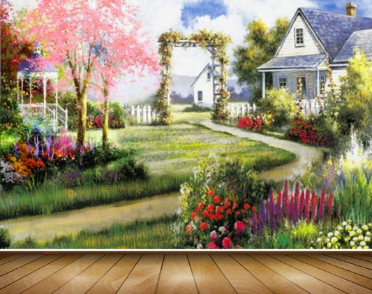 Avikalp MWZ2697 Pink Leaves Trees Flowers Houses Grass Garden Road Vellay Painting HD Wallpaper