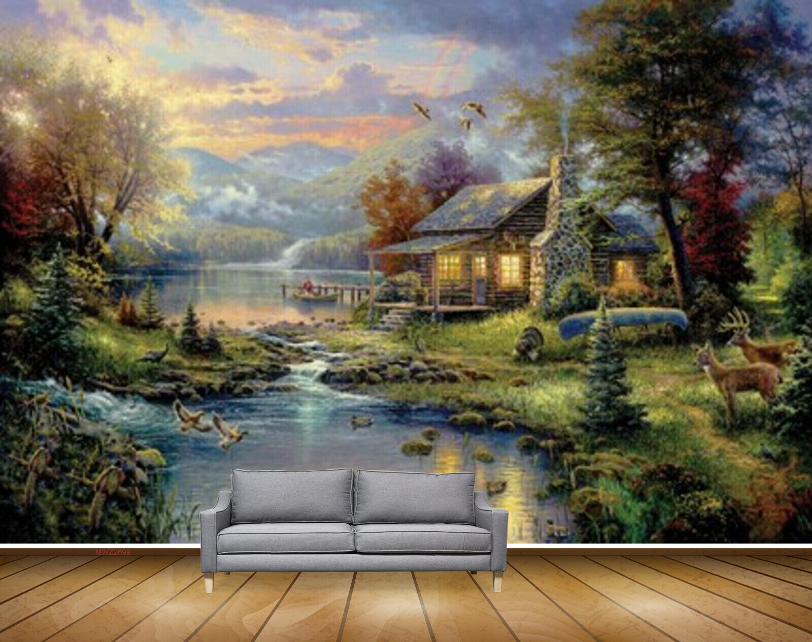 Avikalp MWZ2699 Trees River Pond Water Houses Clouds Mountains Rainbow Ducks Deers Grass Garden HD Wallpaper