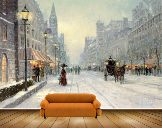 Avikalp MWZ2701 Buildings Horsecart People Trees Lamp Road Shops Snow Snowfalls Painting HD Wallpaper