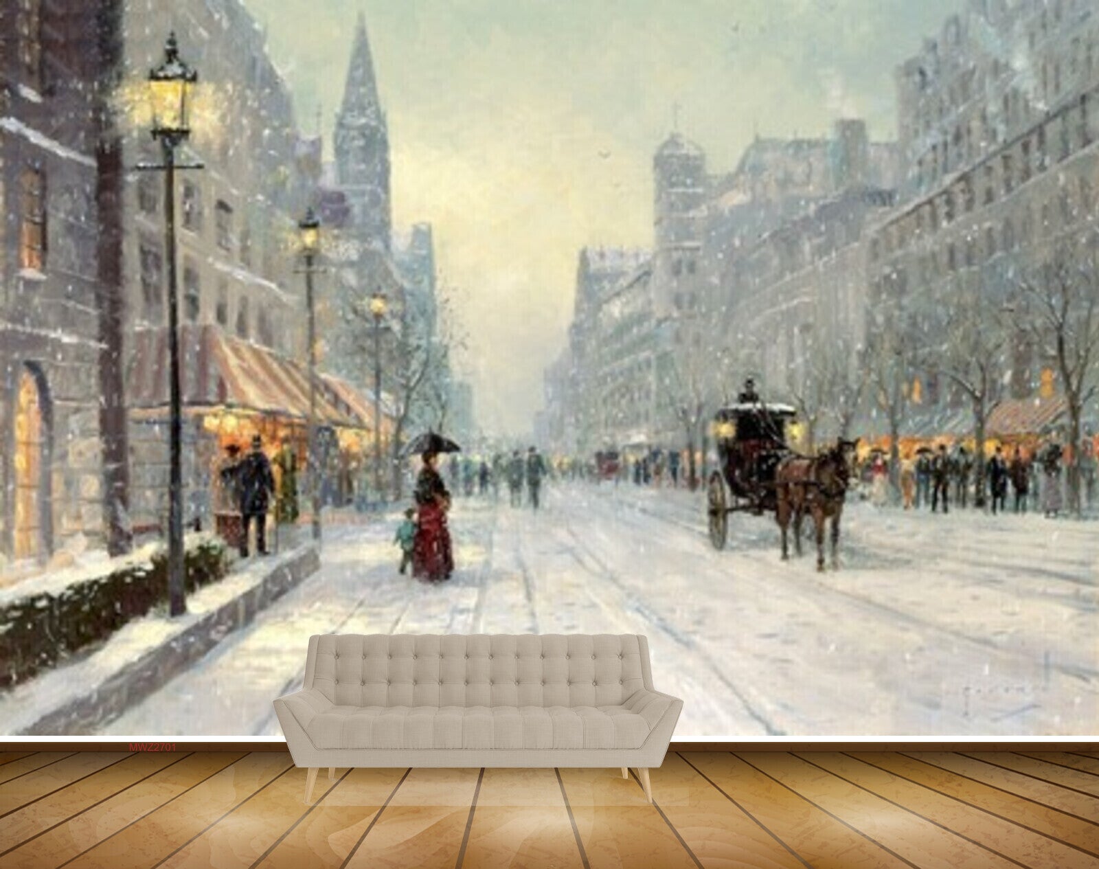 Avikalp MWZ2701 Buildings Horsecart People Trees Lamp Road Shops Snow Snowfalls Painting HD Wallpaper