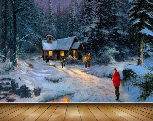 Avikalp MWZ2702 Trees Lamp House Snow People Snowfalls Tourch Painting HD Wallpaper