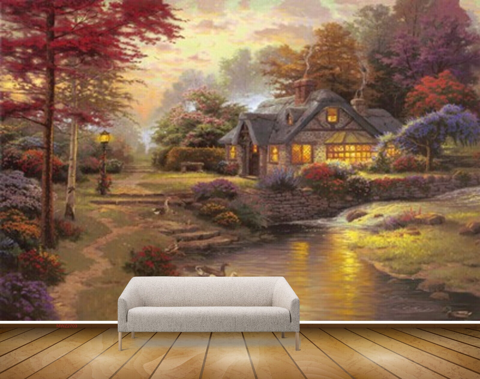 Avikalp MWZ2703 Houses Sun Purple Red Green Trees Flowers Plants River Water Pond Lamps Grass Ducks Painting HD Wallpaper