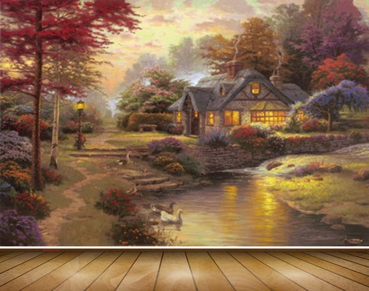 Avikalp MWZ2703 Houses Sun Purple Red Green Trees Flowers Plants River Water Pond Lamps Grass Ducks Painting HD Wallpaper