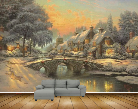 Avikalp MWZ2704 Snow Snowfalls Houses Bridge Trees River Pond Water Painting HD Wallpaper