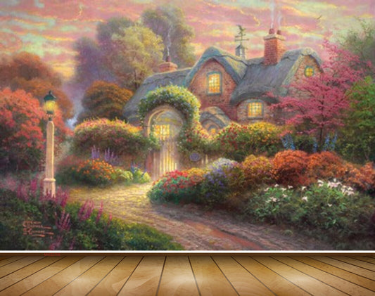 Avikalp MWZ2705 Trees House Green Red Yellow Pruple Orange Pink Flowers Sky Lamps Road HD Wallpaper