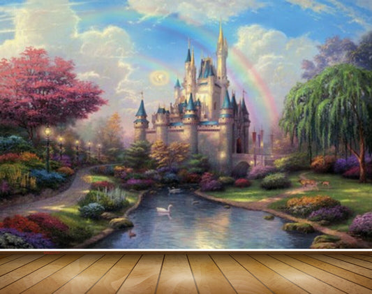 Avikalp MWZ2707 Rainbow Temple Trees Ponds Water Duck Plants Grass Garden Deers Lamps Clouds Painting HD Wallpaper