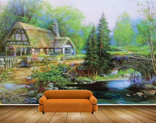 Avikalp MWZ2711 Houses Trees Grass Flowers Culvert Bridge River Pomd Water Stones Plants Painting HD Wallpaper