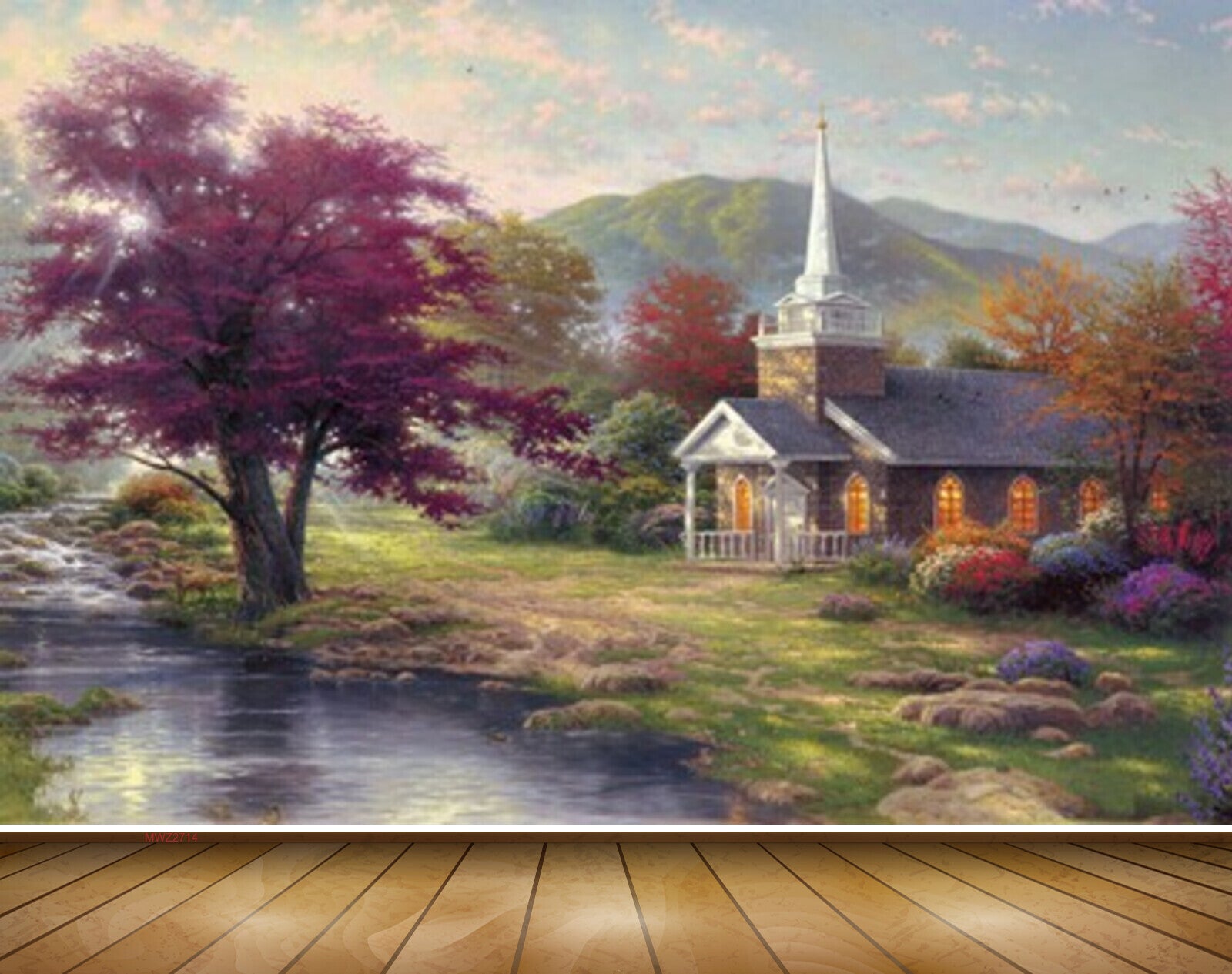 Avikalp MWZ2714 House Pond Water Treed Orange Purple Leaves Trees Clouds Mountains Grass Painting HD Wallpaper