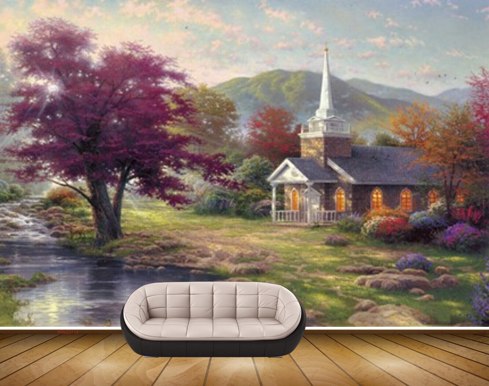 Avikalp MWZ2714 House Pond Water Treed Orange Purple Leaves Trees Clouds Mountains Grass Painting HD Wallpaper