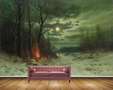 Avikalp MWZ2720 Trees Moonlight People Dogs Fire Grass Snow Clouds Night Painting HD Wallpaper