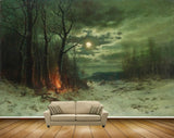 Avikalp MWZ2720 Trees Moonlight People Dogs Fire Grass Snow Clouds Night Painting HD Wallpaper