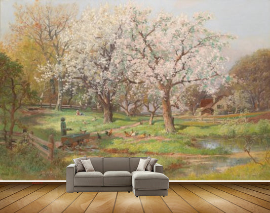 Avikalp MWZ2721 Trees Yellow White Leaves Grass House Hen Cock Birds Pond Water Painting HD Wallpaper