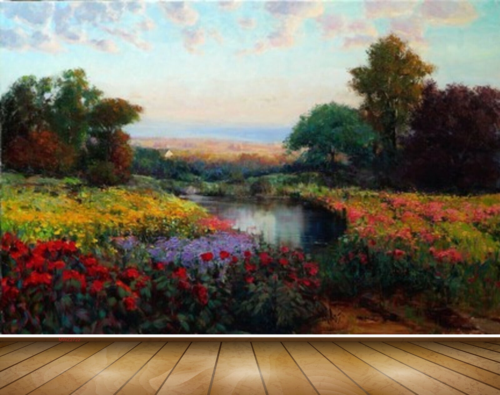 Avikalp MWZ2722 Clouds Trees River Pond Water Orange Red Yellow Flowers Trees Painting HD Wallpaper