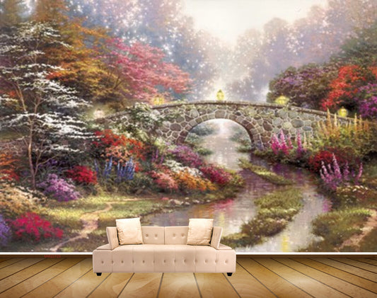 Avikalp MWZ2725 Trees Purple Red White Flowers Grass River Pond Water Bridge Lamps Light 'Painting HD Wallpaper